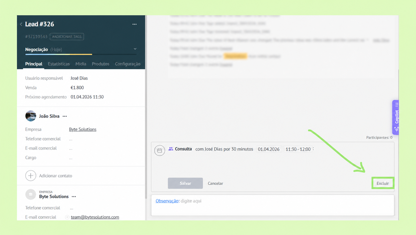 Lead details showing user, sale amount, and scheduled consultation with options to save or delete.